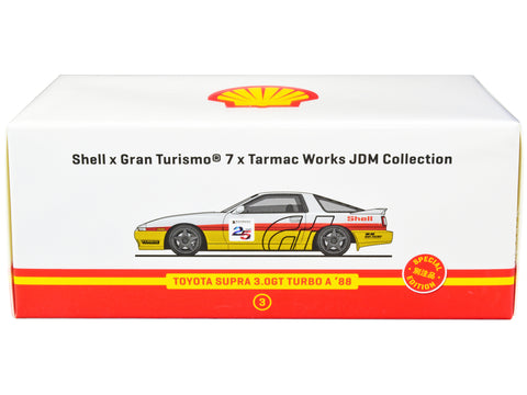 1988 Toyota Supra 3.0GT Turbo A RHD (Right Hand Drive) White and Yellow with Red Stripes "Shell x Gran Turismo 7" Special Edition 1/64 Diecast Model Car by Tarmac Works