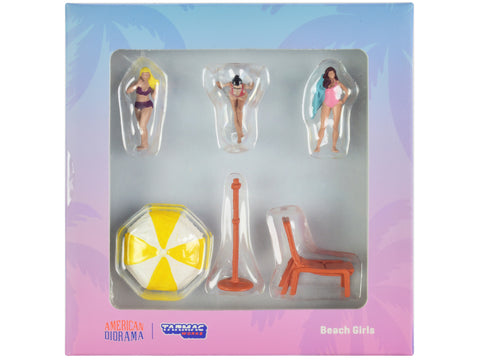 "Beach Girls" (5 Piece Diecast Figure Set - 3 Female Figures and 2 Beach Accessories) for 1/64 Scale Models by Tarmac Works & American Diorama