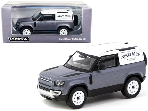 Land Rover Defender 90 Matte Blue Gray Metallic with White Top "Wilks Bros" "Global64" Series 1/64 Diecast Model by Tarmac Works