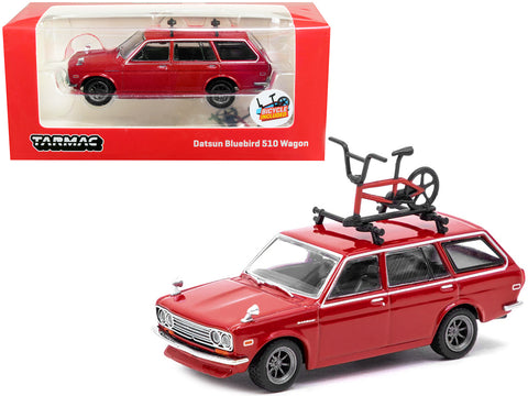 Datsun Bluebird 510 Wagon with Roof Rack Red and Bicycle "Global64" Series 1/64 Diecast Model Car by Tarmac Works