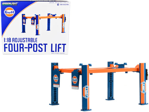 Adjustable Four Post Lift "Gulf Oil #2" Blue and Orange for 1/18 Scale Diecast Model Cars by Greenlight