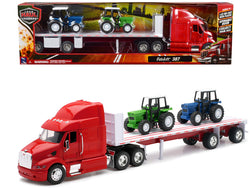 Peterbilt 387 Flatbed Truck Red with 2 Farm Tractors Blue and Green "Long Haul Trucker" Series 1/32 Diecast Model by New Ray