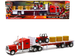 Peterbilt 389 Flatbed Truck Red with Farm Tractor Red and Hay Bales "Long Haul Trucker" Series 1/32 Diecast Model by New Ray