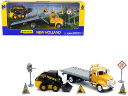 Peterbilt Roll-Off Flatbed Truck Yellow and New Holland L228 Skid Steer Yellow with Road Signs "New Holland Construction" Series 1/43 Diecast Model by New Ray